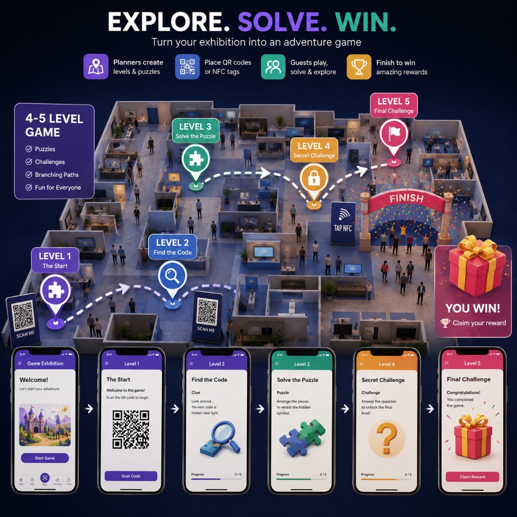Explore. Solve. Win. — Turn your exhibition into an adventure game with levels, QR or NFC stations, and rewards